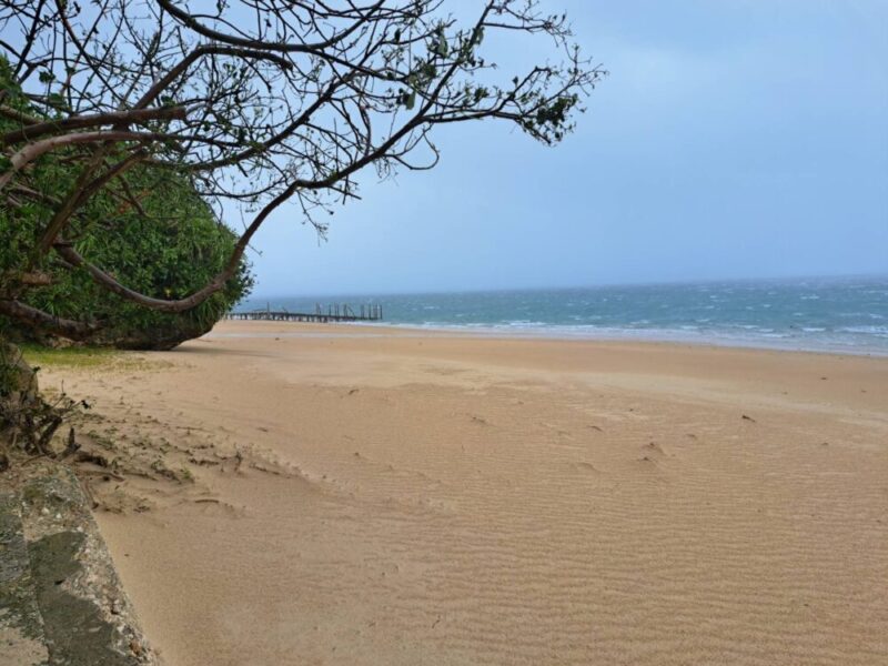 台風で荒れた海と、風で砂が吹き上げられた沖縄の砂浜